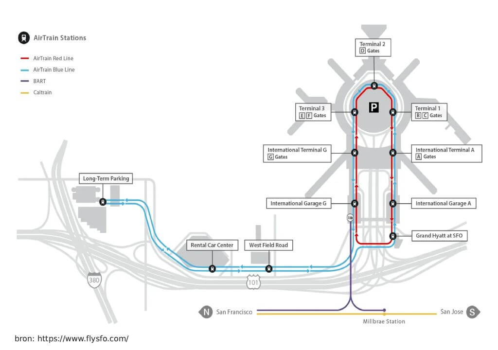 Plattegrond AirTrain San Francisco luchthaven